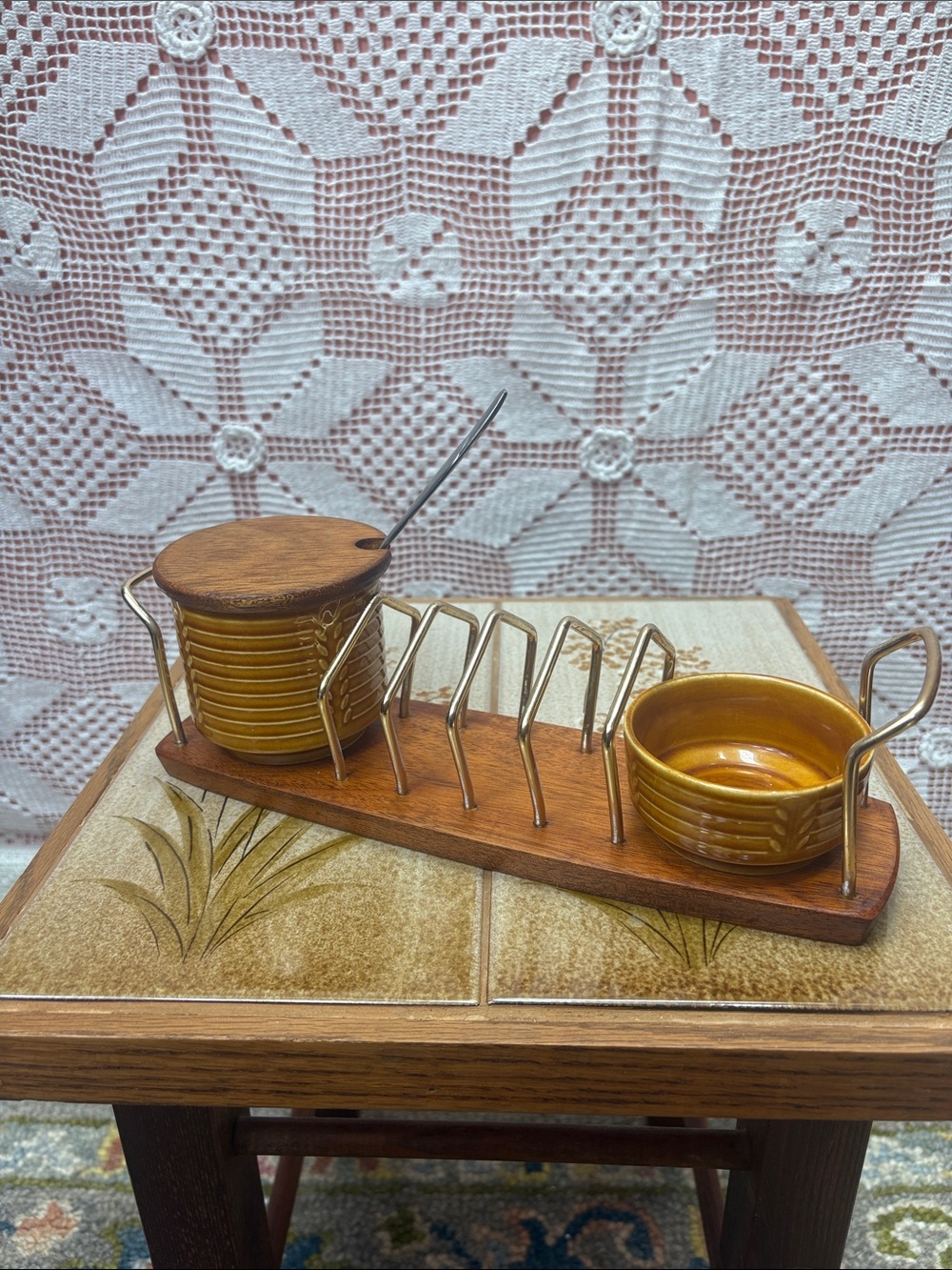 Retro Ceramic Condiment Bowl on Wood Server — Golden Mustard